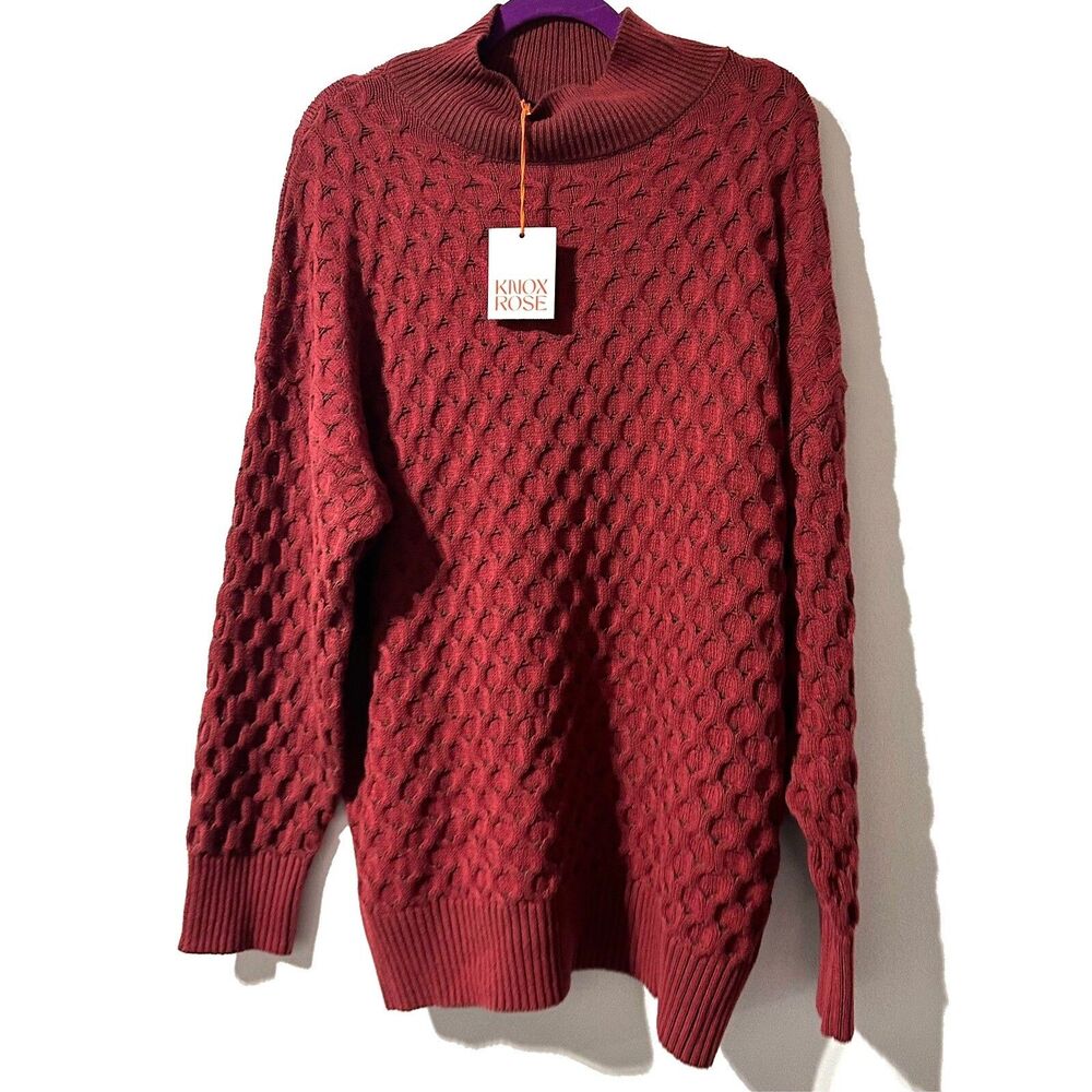 Knox Rose Women's Tunic Sweater Size XL Chunky Textured Knit Mock Neck Burgundy